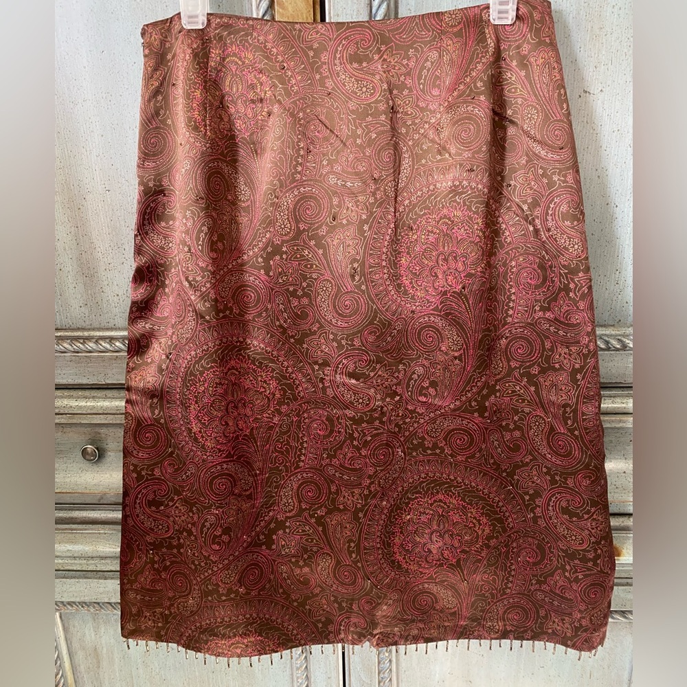 Anne Taylor LOFT Brown, Green & Pink Silk Skirt with Bead Fringe Along Hemline.